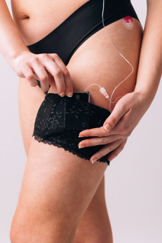 Close-up of model wearing the Raya Garter in black lace