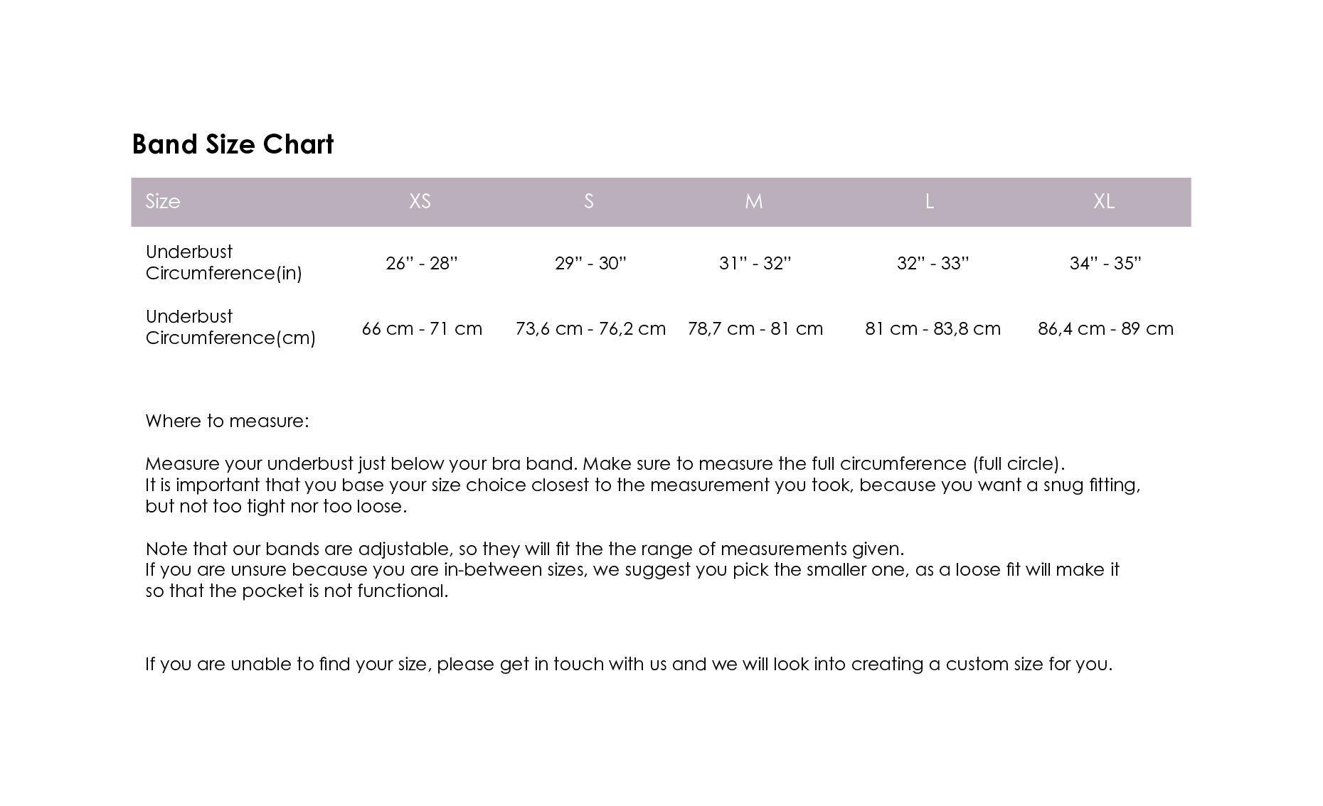 Band size chart with measurements for different leg sizes on a white background