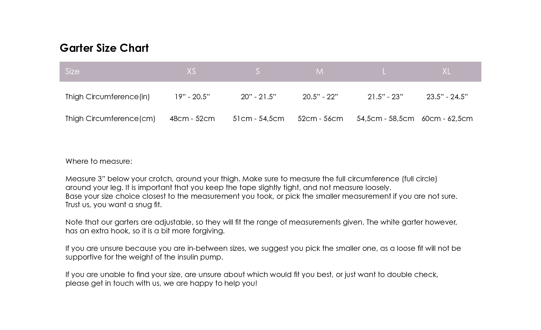 Garter size chart with measurements for different leg sizes on a white background